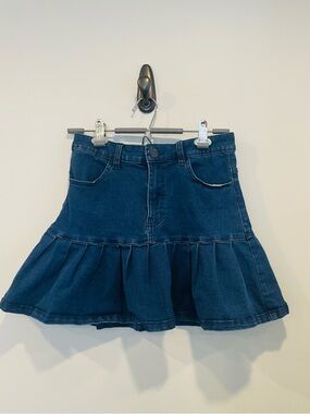 refuge Dark Blue Denim Flared Ruffle Mini Skirt